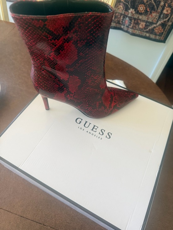 Guess Red and Black Snake-Print Pointed Toe Ankle Bootie - Picture 2 of 2